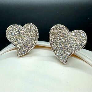 Sterling Pave Heart Shaped Crystal Earrings- Clip- Signed MB- Artisan